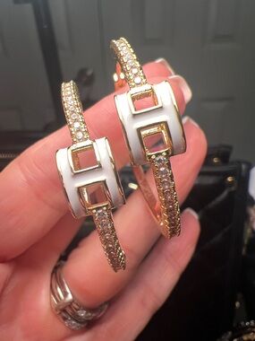 Gold and White Enamel Crystal Hoop Earrings
